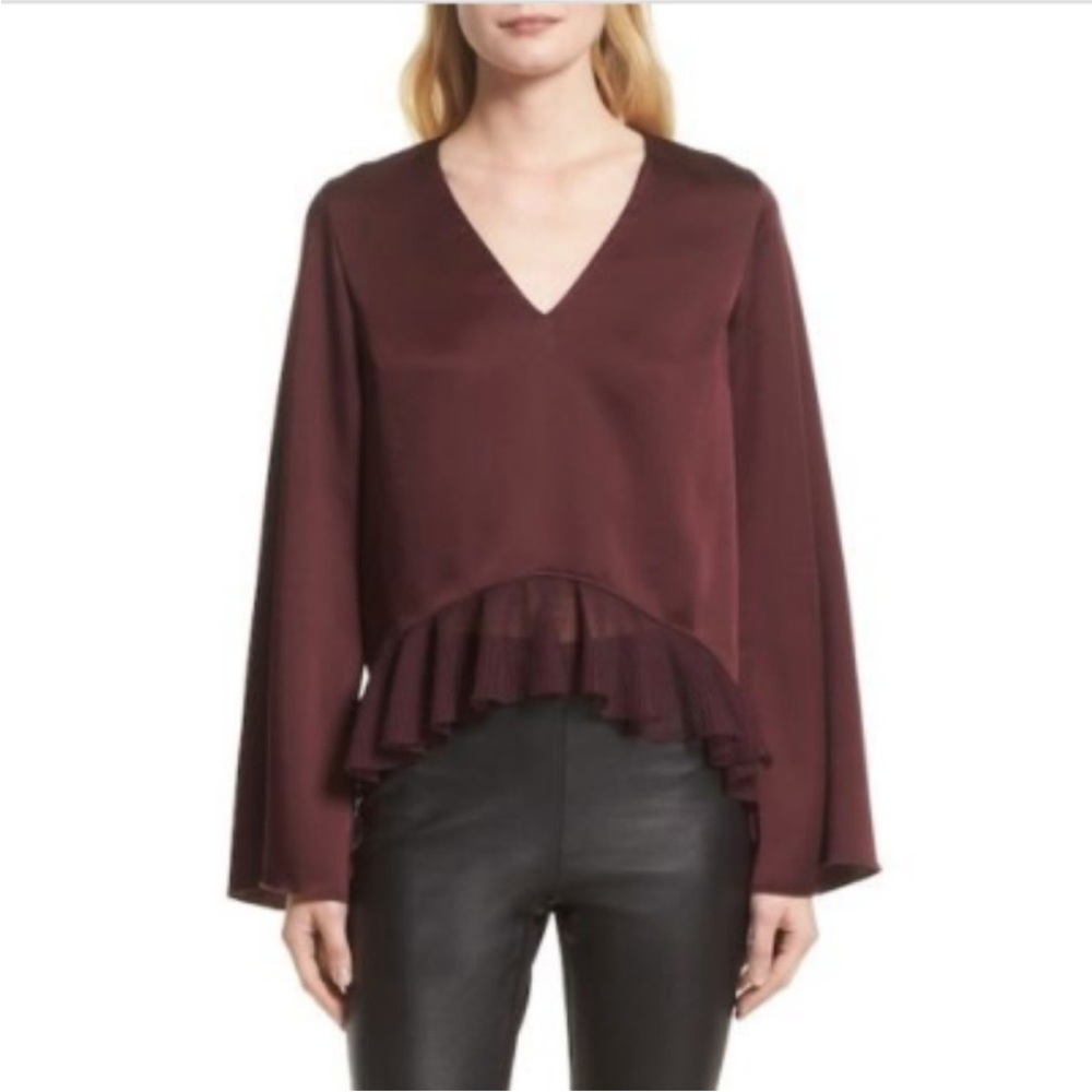 ELIZABETH AND JAMES MAROON HIGH LOW RUFFLED HEATH SATIN BLOUSE TOP S